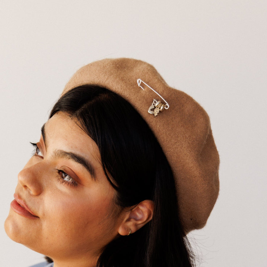Sterling Silver Safety Pin and Charms on hat