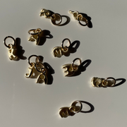 Gold jewelry charms on a light gray background