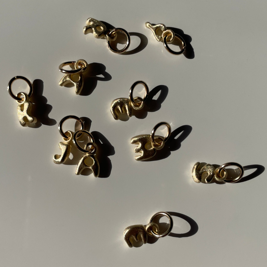 Gold jewelry charms on a light gray background