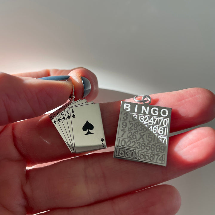 Cards and bingo card charms in silver