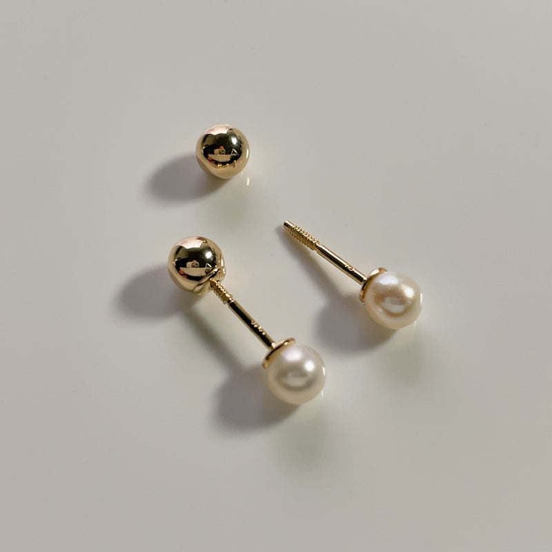 Reversible No-Poke Solid 14k Gold and Pearl Studs