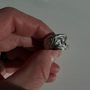 Hand holding a silver duck ring